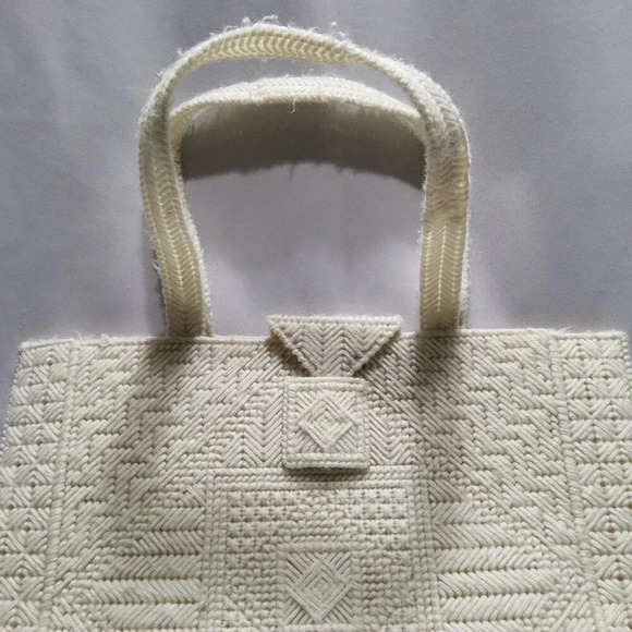 Vintage Needlepoint Plastic Canvas Tote Bag Ivory - Picture 2 of 10